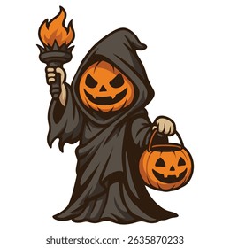 A Statue Of Halloween Pumpkin Wizard Cartoon Vector Illustration