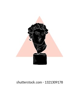 Statue head of David with earring in nose and ear and tattoos on neck. Modern graphic drawing of sculpture with pink triangle. Linear contouring art.