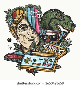 Statue Head, Laser Tyrannosaur, Audio Cassette And VHS Type. Retro Wave Music Concept. Nostalgic Cyberpunk Style, 80s And 90s Pop Culture. Game Art. Old School Tattoo 