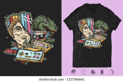 Statue head, laser tyrannosaur, audio cassette and VHS type. Retro wave music concept. Nostalgic cyberpunk style. Creative print for dark clothes. T-shirt design. Template for posters, textiles 