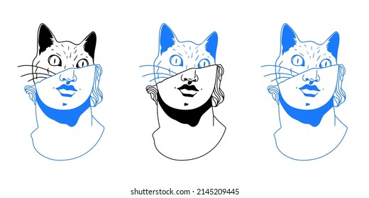 Statue head line illustration. Statue head along with cat head, minimalistic print. T-shirt print design template. Vector illustration