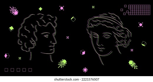 Statue head set in 90s geometric style. Rave poster elements. Y2k  vector neon sculpture busts.