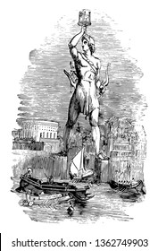 The statue of Helios, vintage line drawing or engraving illustration.