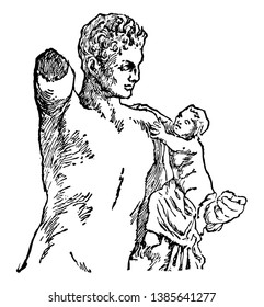 A statue of Hermes of Praxiteles holding the child in his hand, vintage line drawing or engraving illustration.