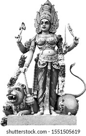 Statue of Hindu goddess, Durga also identified as Adi Parashakti, Goddess of War. Ben-day dot vector illustration.