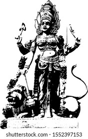 Statue of Hindu goddess, Durga also identified as Adi Parashakti, Goddess of War. Imprint vector illustration.