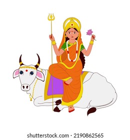 Statue Of Indian Goddess Shailputri On White Background.