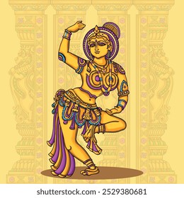 Statue of an Indian woman in traditional costume performing classical art, Hampi Karnataka, Woman Dance Sculpture, Temple Woman Dance Illustration.