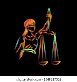 The Statue of Justice - lady justice or Iustitia / Justitia the Roman goddess of Justice - 3d Color line art ( RGB ) vector illustration.