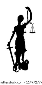 Statue of Justice symbol vector silhouette isolated on white background, legal law.  Justitia the Roman goddess of Justice. Goddess Themis blindfolded  with sword of justice and weights in her hands.