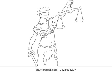 Statue of justice.Greek goddess of justice Themis.Woman with sword and scales. One continuous line drawing. Linear. Hand drawn, white background. One line