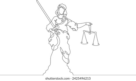 Statue of justice.Greek goddess of justice Themis.Woman with sword and scales. One continuous line drawing. Linear. Hand drawn, white background. One line