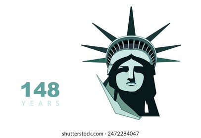 Freiheitsstatue, 148 Jahre alt. In: USA Independence Day. Porträt der Freiheitsstatue. Grünes Design, USA Urlaub. Nationalsymbol Amerikas Neu York, Banner, Werbung. Vektorillustration