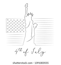 Statue of Liberty with 4th of July Independence day USA American flag for decoration doodle hand drawn vector illustration on white background.