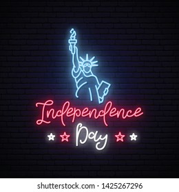 Statue of Liberty for 4th of July neon sign banner. Independence Day celebration USA. Flyer, design template for your projects.