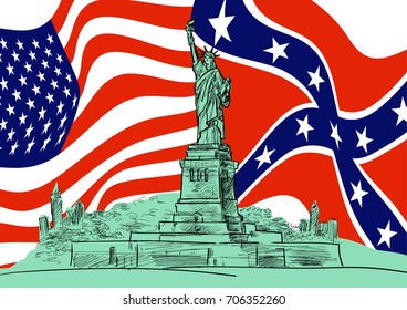 Statue of Liberty against the background of the flags of the United States and the Confederate Rebel. Hand drawn sketch. Vector EPS 10