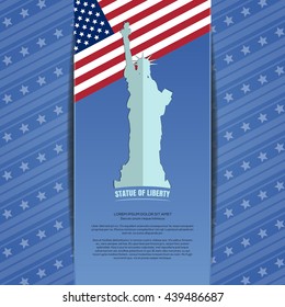 Statue of liberty against the background Stars and Stripes American flag. Liberty USA. Statue of Liberty and United States flag. Vector illustration