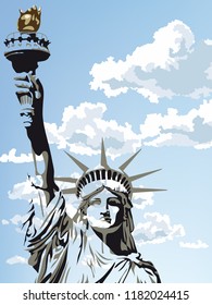 Statue of Liberty against a blue sky with clouds, vector illustration