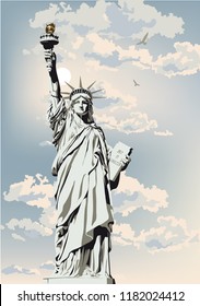 Statue of Liberty against a sky with clouds, vector illustration