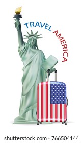 statue of liberty with america usa flag luggage