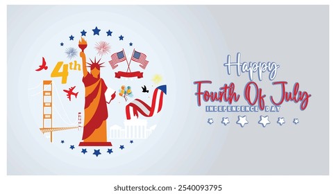 Ícone da Estátua da Liberdade com elementos americanos. Dia da Independência Americana, 4 de julho. Conceito do Dia da Independência dos EUA. Ilustração de vetor plano.