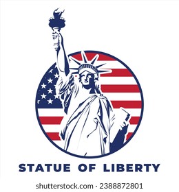 Statue of Liberty and American Flag Blue Isolated Vector Illustration