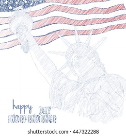 Statue of Liberty with american flag. Create in scribble art. Design for fourth july celebration USA. American symbol.