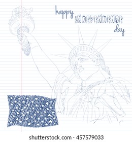 Statue of Liberty with american flag. Create in scribble art. Design for fourth july celebration USA. American symbol.