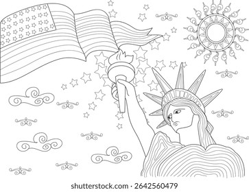 Statue of Liberty and American Flag Line Art, Black and white line drawing illustration for Independence Day featuring the Statue of Liberty holding a torch with an American flag, surrounded by