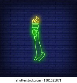 Statue of Liberty arm neon sign. Green hand, torch, flame, 4th of July. Vector illustration in neon style for festive independence day banners, light billboards, posters