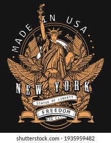 Statue of liberty art. Patriotic concept. New York slogan. Old school color tattoo style. History and culture. Traditional USA t-shirt design. United States of America