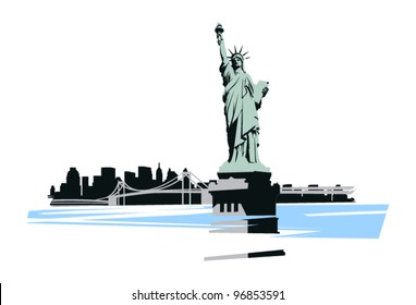 Statue of Liberty in the background of the bridge and New York