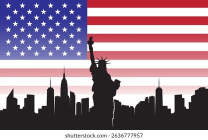 Statue of Liberty Background Design, USA country icon. July 4th Independence Day Graphic, with United States of America flag background. Blue, red colors. Memorial Day Celebration