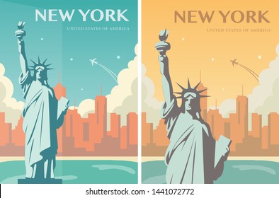 Statue of Liberty banner set. World landmark. American symbol. New York city. Vector illustration