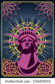 Statue of Liberty, Barbed Wire Nimbus, Abstract Floral Mandala Decorations, Psychedelic Art Poster 