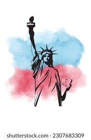 Statue of Liberty in Black Lines on Abstract Red and Blue Circle Background - Vector Illustration Representing Freedom and Patriotism, Ideal for prints like greeting cards, posters, holiday covers