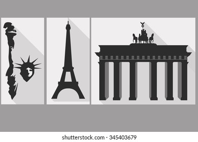 The Statue of Liberty. Brandenburg Gate. Eiffel Tower. Sights of different countries. 