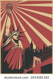 Statue of Liberty, Brooklyn Bridge, New York Panorama Silhouette, Retro Propaganda Posters Style Illustration