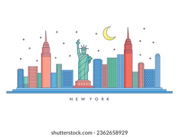 Statue of Liberty building in flat vector style, New York cityscape with famous landmarks icon isolated vector illustration