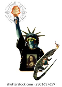 statue of liberty caricature
Carrying Bangkok's signature water monitor lizard
and holding ice cream in his right hand