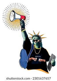 statue of liberty caricature
holding an ipad , carrying a bag, and holding a megaphone