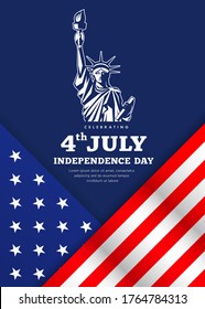 Statue of liberty, celebration flag of america independence day poster design on dark blue background, vector illustration