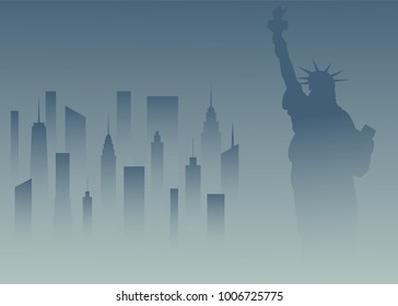 Statue of Liberty and the cityscape in New York. Vector illustration.