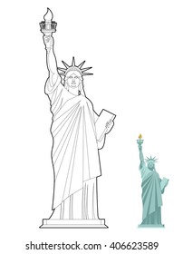 Statue of Liberty coloring book. Symbol of freedom and democracy in USA. Monument of architecture in linear style. Sculpture in New York, America