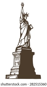 Statue of Liberty is colossal female figure on Island in New York Harbor. Vector monochrome freehand ink drawn background sketchy in art scribble antique style pen on paper with space for text on sky