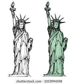 The Statue of Liberty colrful and black and white set isolated on white background ink hand drawn line art stock vector illustration outline for coloring book page