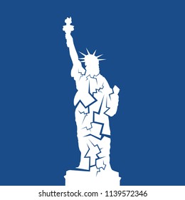 Statue of Liberty with cracks - declien decay, problems and failure leading to collapse of landmark of USA and UNited states of America. Vector illustration