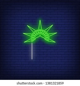 Statue of Liberty crown with stick neon sign. New York, souvenir, 4th of July. Vector illustration in neon style for festive independence day banners, light billboards, posters