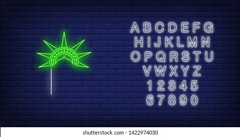 Statue of Liberty crown with stick neon sign. New York, souvenir, 4th of July. Vector illustration in neon style for festive independence day banners, light billboards, posters