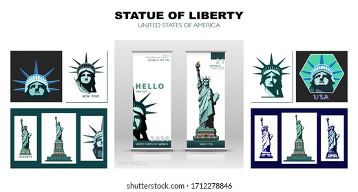 Statue of Liberty design template set. Banner, geometric multicolored flat design. New York. Booklet, album poster. Name of the Annual Report Ad Text. X-banner. Information banner, vector illustration